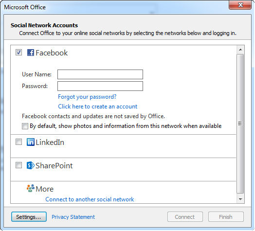 integrate facebook account to outlook 2013 2