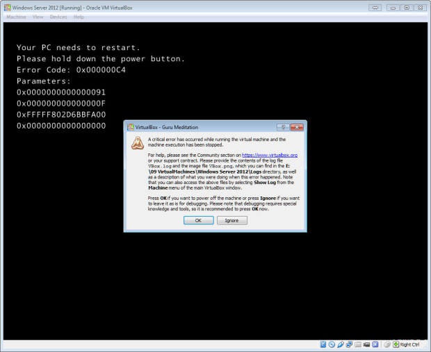 windows server on virtualbox error